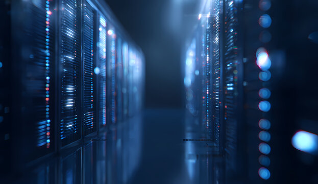 Arri&egrave;re-plan num&eacute;rique abstrait de serveurs informatiques avec des flux de donn&eacute;es lumineux, parfait pour les concepts de cybers&eacute;curit&eacute;, de big data, de cloud computing et comme fond technologique pou