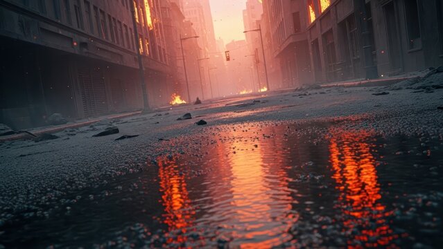 Urban aftermath reflecting devastation and resilient light amidst city ruins cityscape