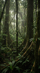 Obraz premium Ancient Untouched Tropical Forest Interior with Towering Trees and Lush Foliage