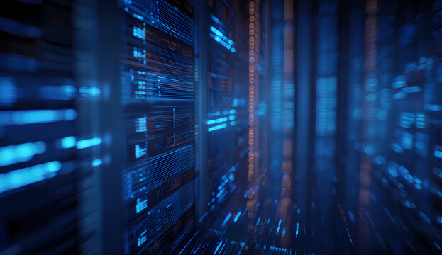 Arri&egrave;re-plan num&eacute;rique abstrait de serveurs informatiques avec des flux de donn&eacute;es lumineux, parfait pour les concepts de cybers&eacute;curit&eacute;, de big data, de cloud computing et comme fond technologique pou