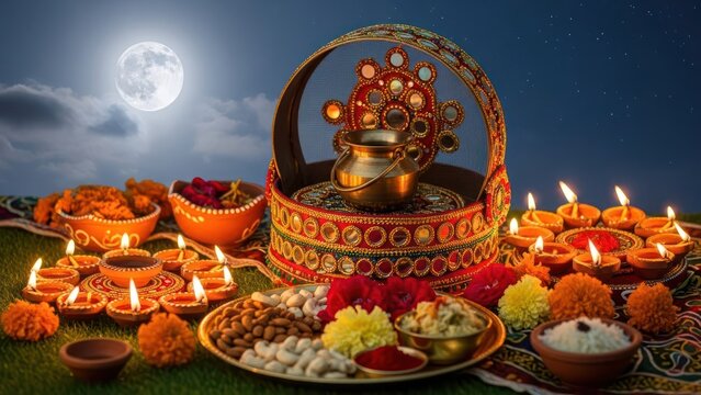 Auspicious karva chauth celebration with traditional arrangements under moonlight glow