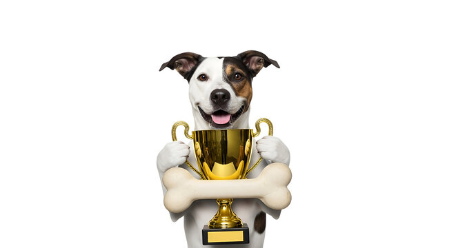 Proud Jack Russell Terrier Dog Holding a Golden Trophy and Bone with Happy Expression - Best Pet Award Winner