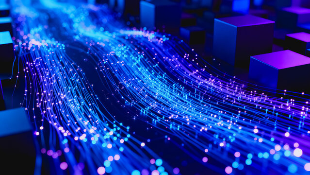 This 3D rendered background features flowing glowing fiber optic strands with bokeh light particles, paired with dark tech cubes, representing digital data transmission.