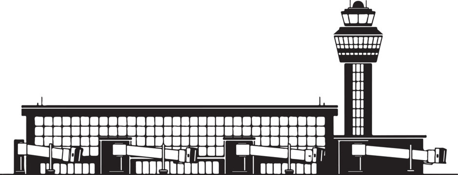 Black and white airport terminal building with control tower