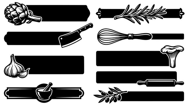 Set of blank black and white culinary banners for menu designs. Features empty text frames with an olive branch, meat cleaver, garlic, and whisk