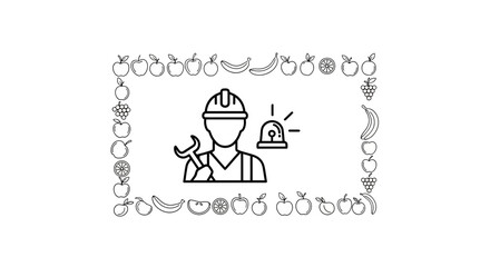 Fototapeta premium Construction worker with wrench and warning light icon, framed by fruits