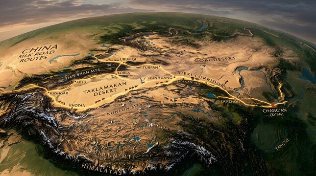 3D Illustration of Ancient Silk Road Trade Routes on Earth