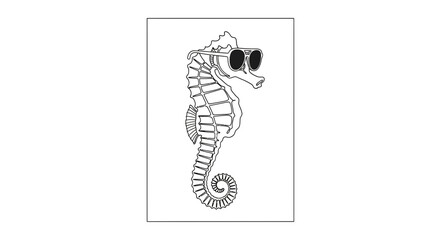 Fototapeta premium Cool Seahorse Wearing Sunglasses, Cartoon Style, Black and White Line Art