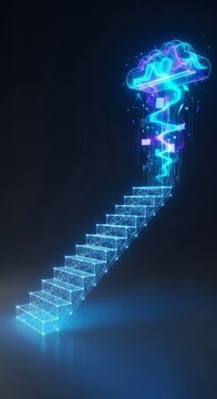 A glowing digital staircase ascending into a luminous blue data cloud, representing cyber advancement and virtual growth in a clean space, binary, high-tech, geometric
