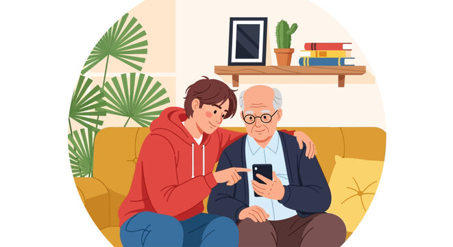 Intergenerational technology use, senior and young adult, people using smartphone, family bonding, digital learning, modern living room