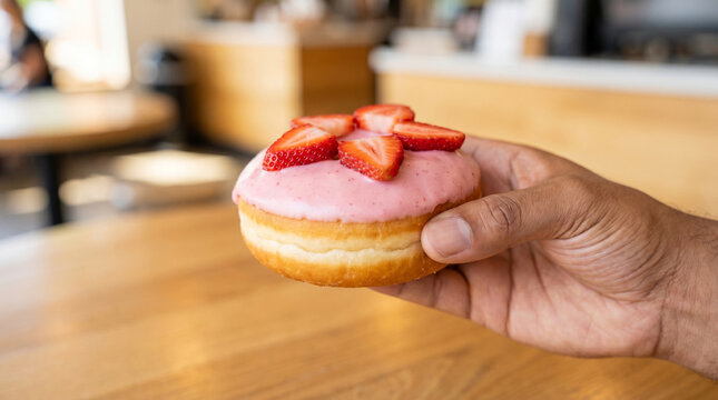 National Donut Day hand holding strawberry frosted donut with fresh strawberry slices for celebration lifestyle food photography advertising social media content