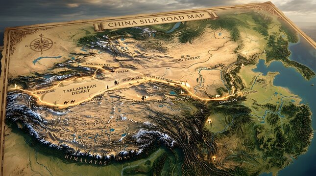 Detailed 3D Map of Ancient China Silk Road Trade Route