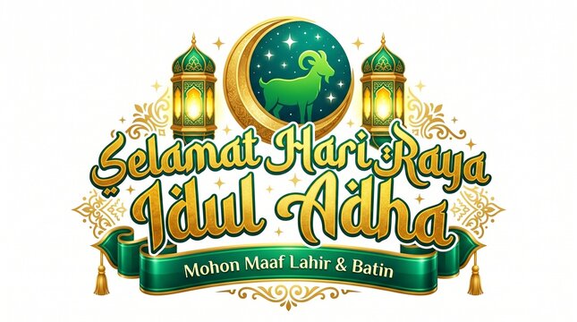 Eid mubarak celebration graphic with moon lanterns and sheep silhouette on white background