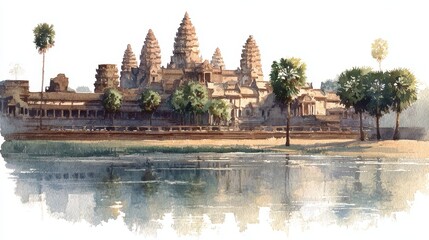 Fototapeta premium Ancient temple reflection angkor wat landscape photography tranquil water serene viewpoint cultural heritage
