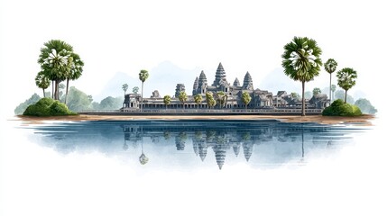 Fototapeta premium Angkor wat temple reflection siem reap digital art tranquil landscape aerial view cultural heritage