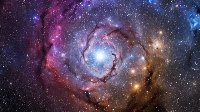 Vibrant cosmic nebula with swirling gas clouds and distant stars in deep space