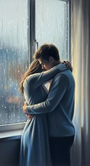 Obraz premium Soft pastel drawing of a gentle embrace by a window while rain falls outside. Dreamy atmosphere with muted colors and delicate textures, dreamy, mood, soft