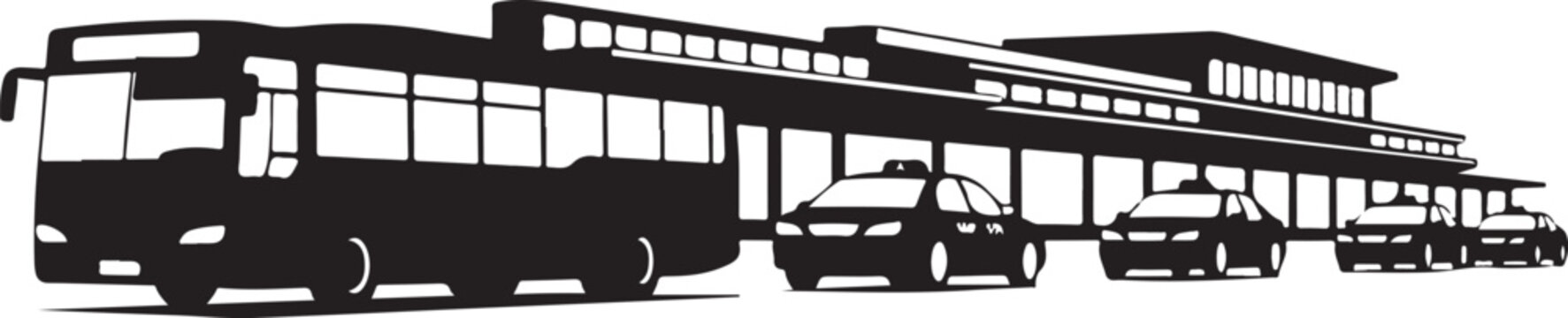 Black silhouette of bus and cars at a terminal building