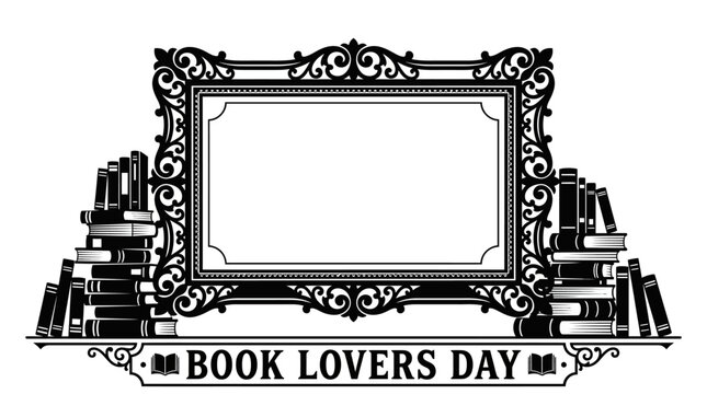 Decorative frame with book stacks and Book Lovers Day text.