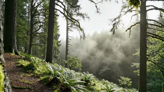 Misty temperate rainforest with moss-covered trees and ferns in soft morning light