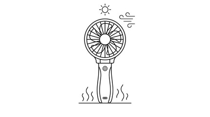 Line art illustration of a portable handheld electric cooling fan. © non 8758
