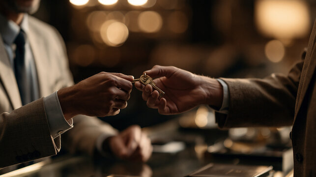 Key Exchange: A candid moment captures the subtle transfer of a key between two individuals, set against a blurred background, suggesting a narrative of transaction and trust.