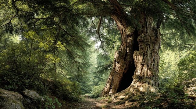 Deodar Cedar - Majestic Ancient Forest Panorama with Natural Trunk Hollow Background