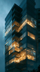 Obraz premium Architectural Luminescence: An eye-level perspective of a contemporary high-rise building, featuring an intricate arrangement of glass facade illuminated by warm internal lighting.