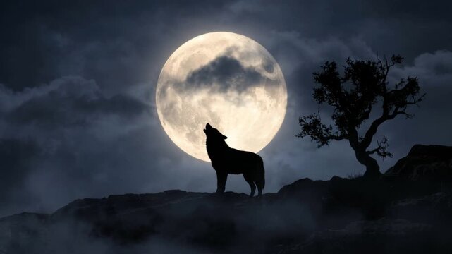 Black silhouette of lone wolf howling beneath bright full moon, drifting midnight clouds overhead, mysterious wilderness atmosphere, 4K video