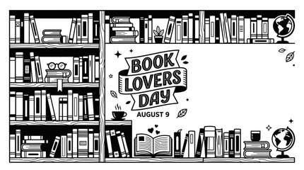 Book Lovers Day hand drawn illustration with bookshelves and globe. © non 8758