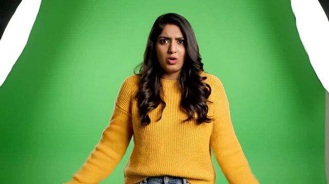 Young Woman Expressing Confusion and Uncertainty with Hand Gestures.