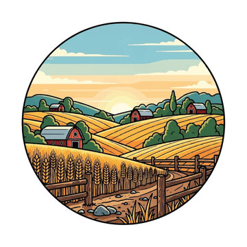 Farm landscape with fields and barns.