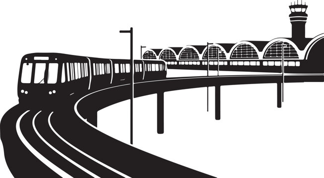 Black train on curved track with arched bridge and tower