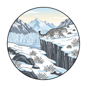 Snow leopard standing on cliff edge.