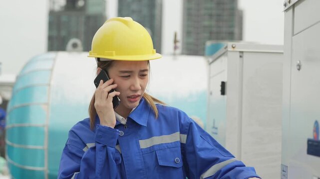 A focused female mechanical engineer wearing a yellow hardhat and blue uniform speaking on a mobile phone to coordinate technical site logistics at a rooftop industrial facility.