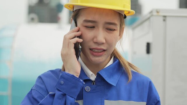 A focused female mechanical engineer wearing a yellow hardhat and blue uniform speaking on a mobile phone to coordinate technical site logistics at a rooftop industrial facility.