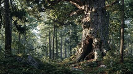 Fototapeta premium Eastern White Pine - Majestic Ancient Forest Panorama with Natural Trunk Hollow Scenery