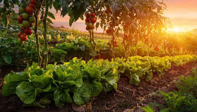 Sustainable agriculture and healthy soil life through intercropping with tomatoes and lettuce at sunset