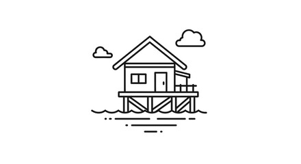 Fototapeta premium Minimalist line art of a stilt house over water with clouds