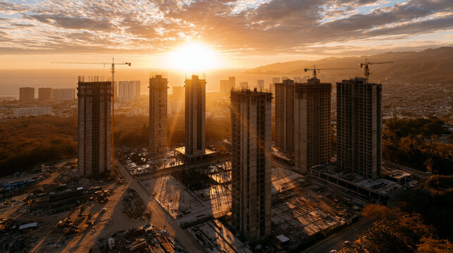 Skyscraper Construction at Sunrise: A panoramic view captures a burgeoning cityscape of high-rise buildings under construction at dawn, silhouetted against a vibrant sunrise.