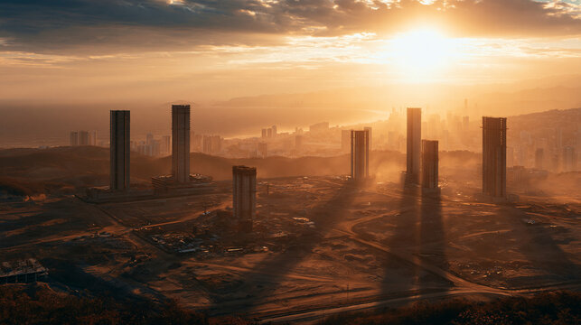Monolithic Sunrise: Towering, weathered monoliths stand sentinel on a desolate landscape as the sun rises, casting long shadows and bathing the scene in a warm, ethereal light.