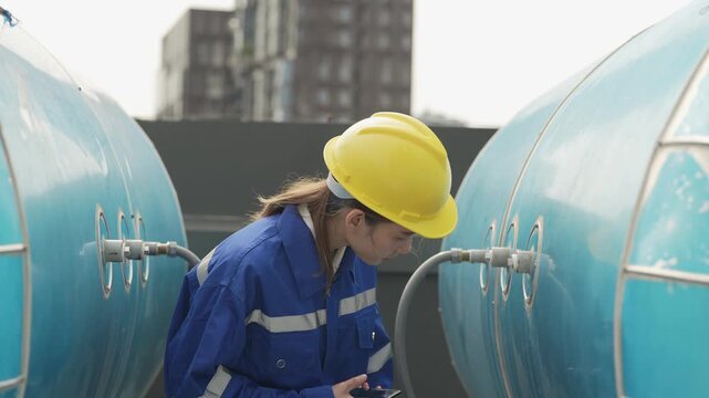A female quality inspector in a safety helmet analyzing mechanical systems and utility data on a digital device at an industrial facility.