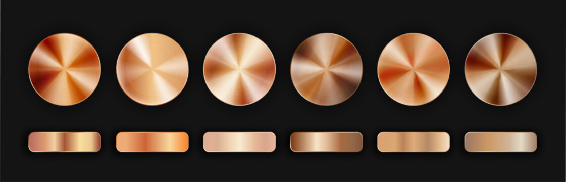 Radial realistic gradient bronze metallic pack isolated on black background with shadows. Copper chrome circle and rectangle button or award medal set. Vector illustration