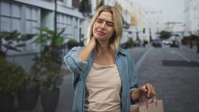 Young woman holding shopping bag, hand on neck wincing in pain on a city street lined with planters and storefronts; discomfort recovery.