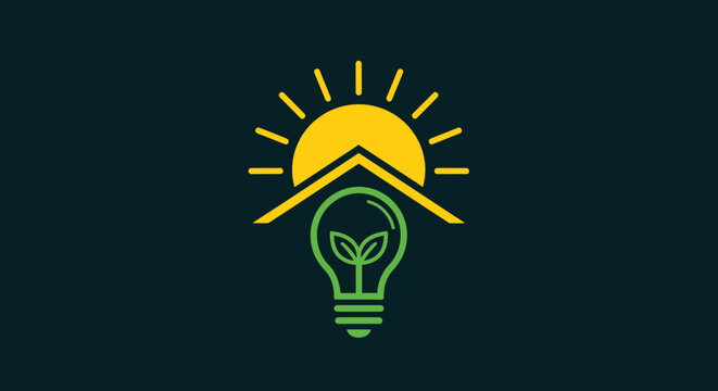 Sustainable energy concept logo with sun, house, and light bulb emblem on dark background.