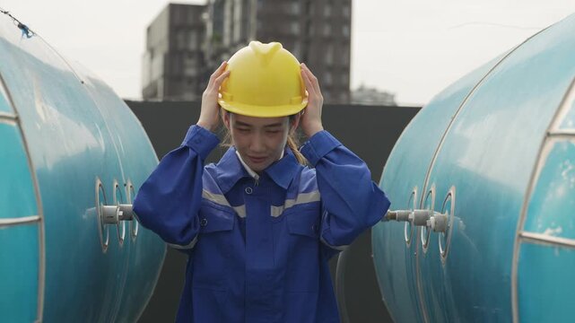 A stressed female mechanical engineer holding her yellow hardhat during a difficult system troubleshooting or maintenance failure at a rooftop chiller facility.