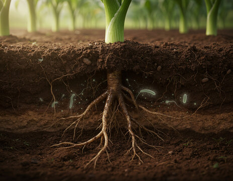 Sustainable Agriculture Concept: Healthy Soil Life and Root Regeneration Beneath the Surface in Organic Farm Field with Green Plants