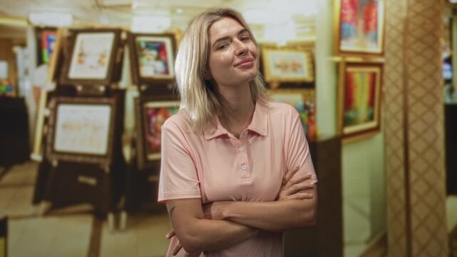 Woman with crossed arms, pink polo shirt, visible forearm tattoo, smirking in an art gallery building with framed paintings on easels and warm display lighting; confidence.