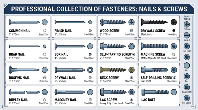 Professional collection of construction fasteners featuring various nails and screws.