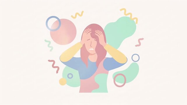 A flat vector illustration of a woman holding her head in distress, representing themes of anxiety, mental health struggles, stress, and being overwhelmed by chaotic thoughts or a migraine